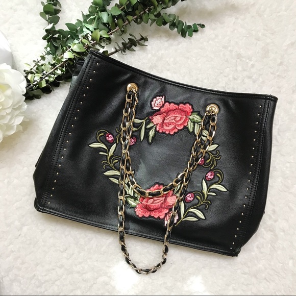 Dream Control Handbags - Dream Control Black Embroidered Floral Tote